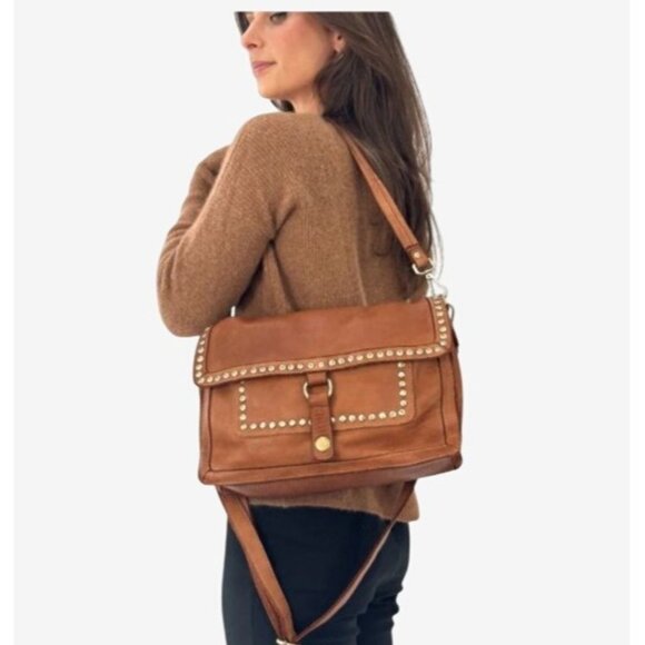 Emily Studded Shoulder Bag Cognac Leather Adjustable Straps & Brass Detailing - Picture 4 of 4